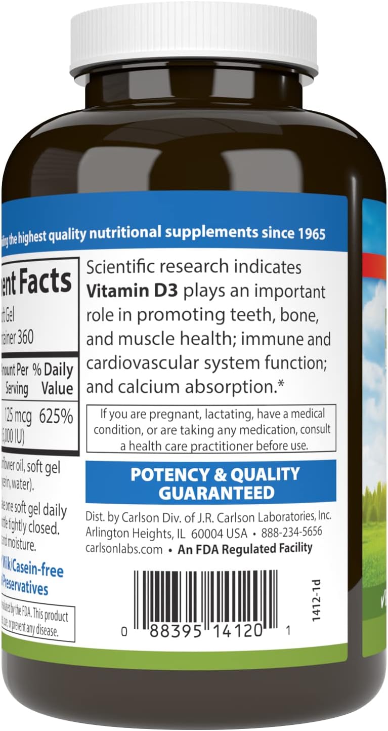 Carlson Vitamin D3 5,000 IU, Bone Health, 360 Soft Gels - görsel 3