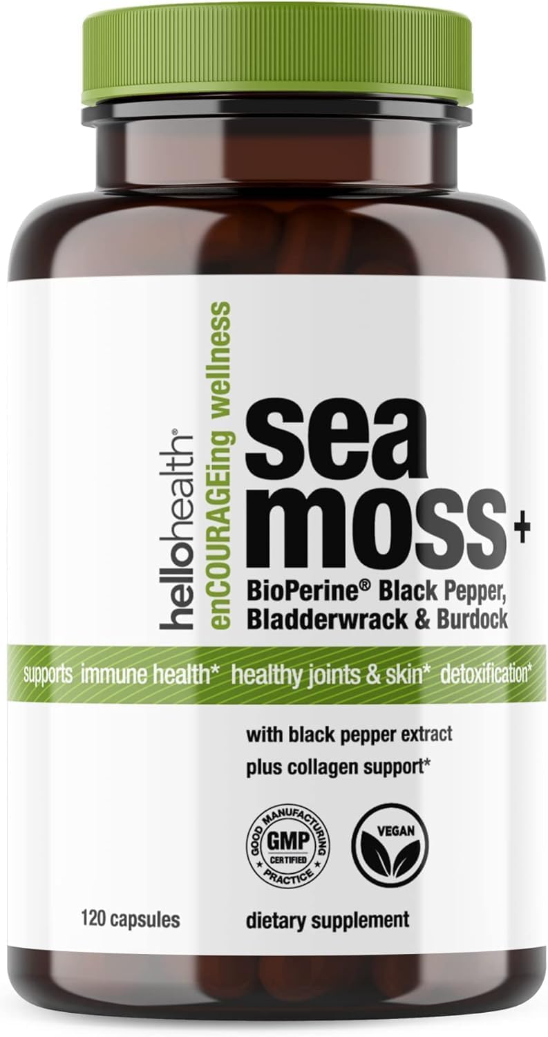 HELLO HEALTH Organic Irish Sea Moss Capsules - Wildcrafted Sea Moss, Burdock Root & Bladderwrack with BioPerine - 120 Capsules - görsel 1
