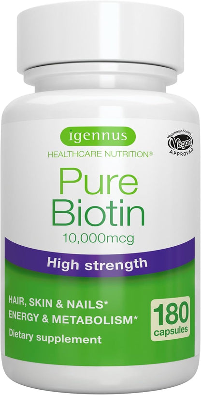 Igennus Clean Biotin 10,000mcg – High Potency Vitamin B7, Vegan, 180 Capsules