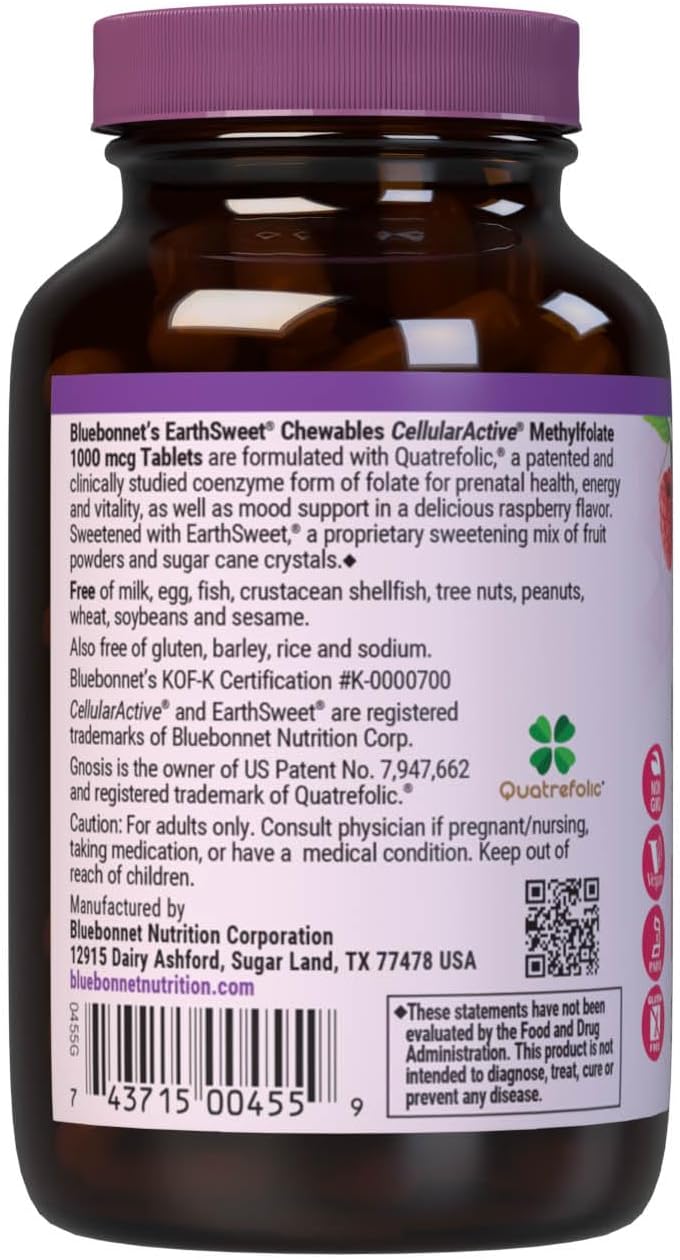 Bluebonnet EarthSweet Methylfolate 1000 mcg Cellular Active Coenzyme 5-MTHF L Methyl Folate Supplement - Prenatal & Energy Support - Non-GM, Vegan, Gluten free - Raspberry - 90 Chewable Tablets - görsel 3