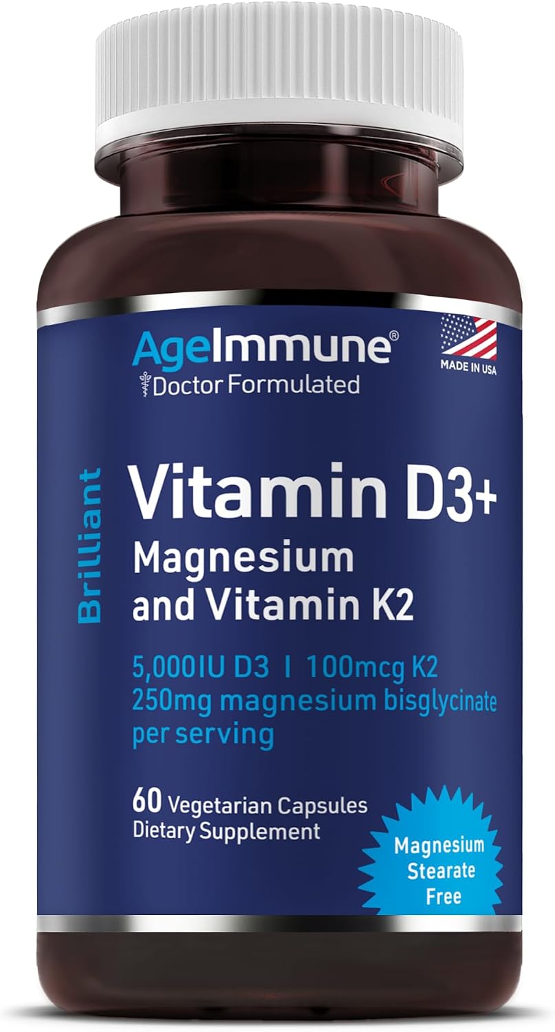 AgeImmune Brilliant D3+ Complex: 5000 IU – Bone Support: Vitamin D3 aids calcium absorption, while K2 helps direct – Image 1