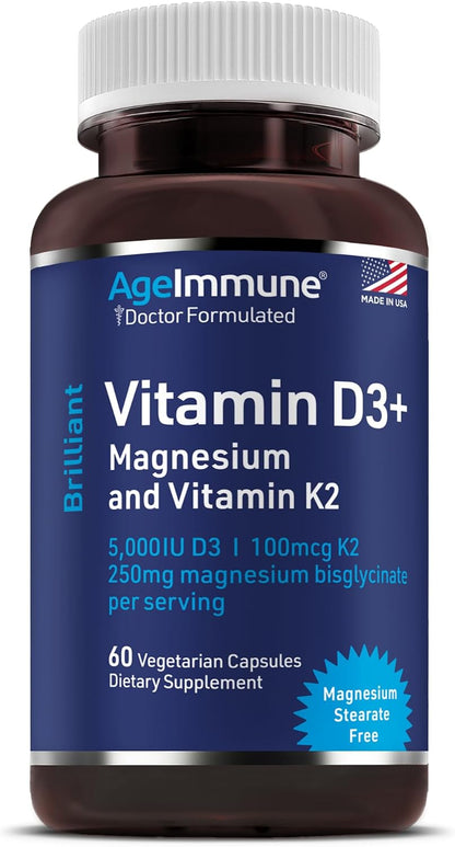 AgeImmune Brilliant D3+ Complex: 5000 IU – Bone Support: Vitamin D3 aids calcium absorption, while K2 helps direct – Image 1