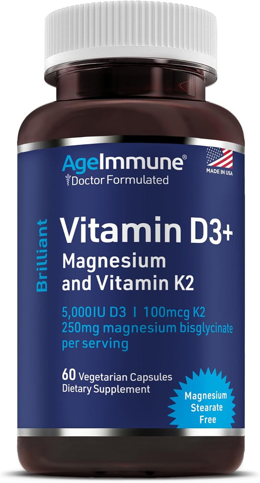 AgeImmune Brilliant D3+ Complex: 5000 IU – Bone Support: Vitamin D3 aids calcium absorption, while K2 helps direct – Image 1