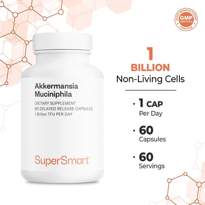 Supersmart Akkermansia Muciniphila 1 Billion TFU per Day - Pasteurised Probiotic - Enhanced Absorption - Postbiotic Supplement - Non-GM & Gluten free - 60 Delayed Release Capsules