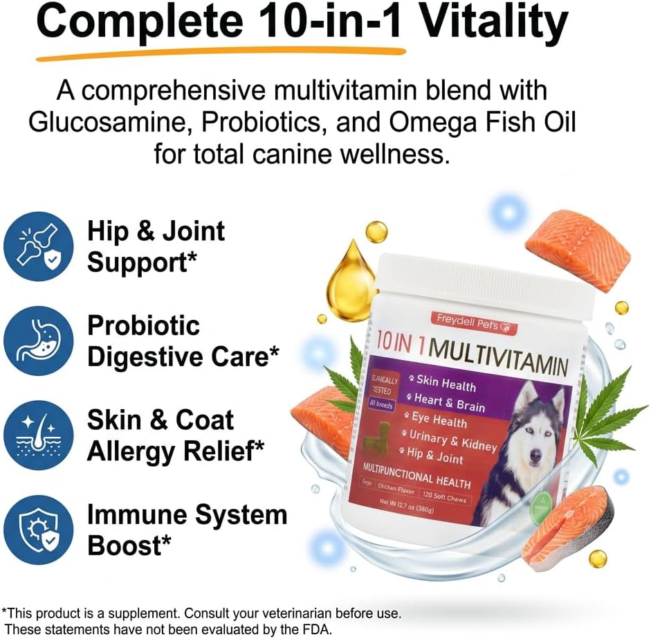 Freydell Pets 10-in-1 Multivitamin Dog Supplement – Glucosamine & Chondroitin Joint Support, Probiotics for Gut Health, Omega Fish Oil Skin & Coat, Immune & Allergy Support Vitamins (120 Chews) - görsel 2