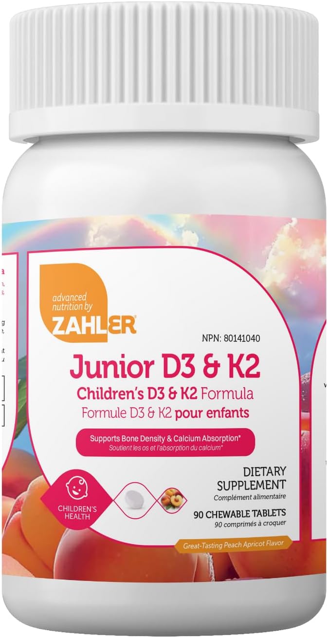 Zahler Junior D3 & K2 - Peach Apricot - 90 Chewable Tablets for Kids Bone & Immune Support - görsel 1