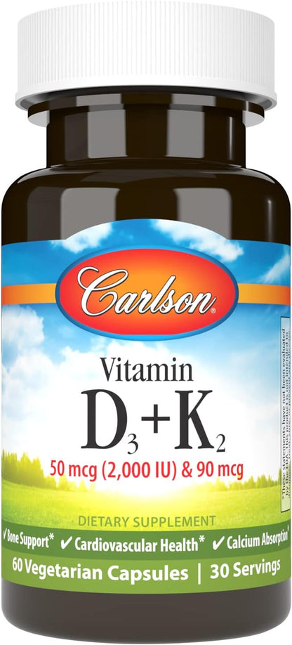 Carlson Vitamin D3 + K2, 2000 IU (50 mcg) with 90 mcg Vitamin K2 MK-7, 60 Capsules