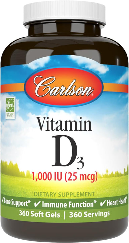 Carlson Vitamin D3 1000 IU (25 mcg) – 360 Softgel Capsules for Bone and Muscle Health