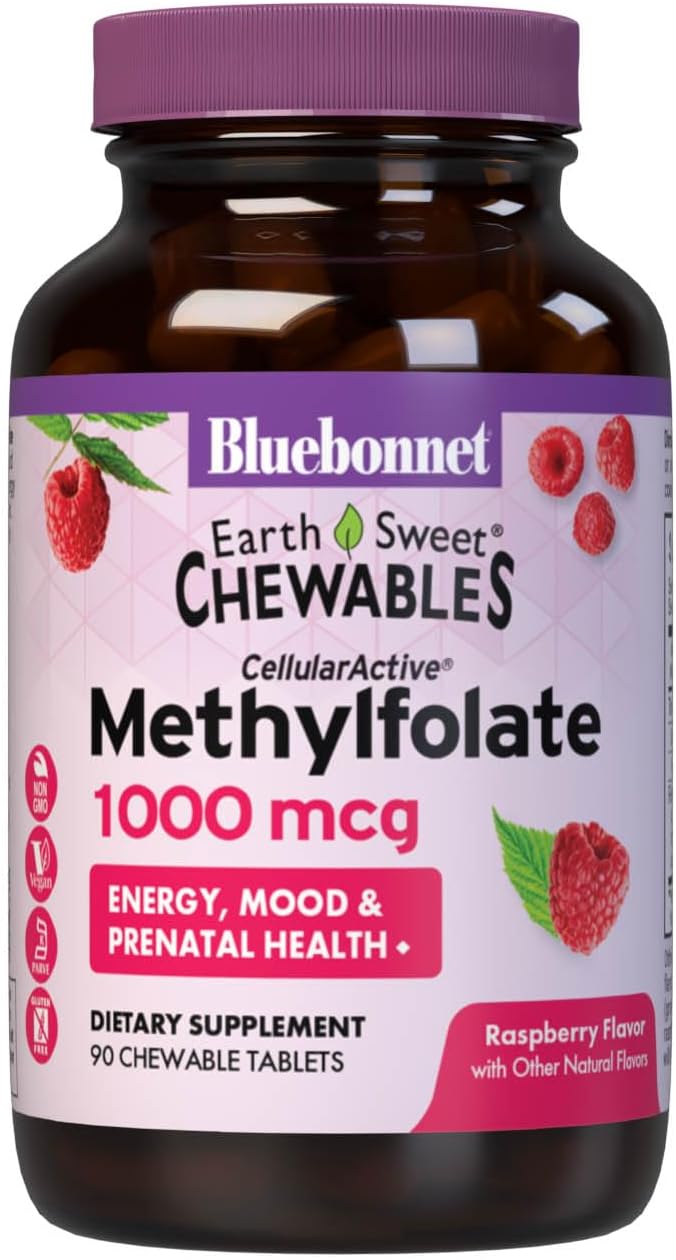 Bluebonnet EarthSweet Methylfolate 1000 mcg Cellular Active Coenzyme 5-MTHF L Methyl Folate Supplement - Prenatal & Energy Support - Non-GM, Vegan, Gluten free - Raspberry - 90 Chewable Tablets - görsel 1