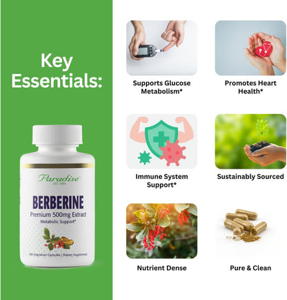 Paradise Herbs Berberine Extract 500 mg – Pure & Potent Supplement, 180 Vegan Capsules