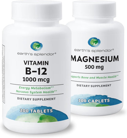 Earth's Splendor Energy + Muscle Support: Vitamin B12 (1000 mcg) and Magnesium (500 mg) Supplement – Image 1