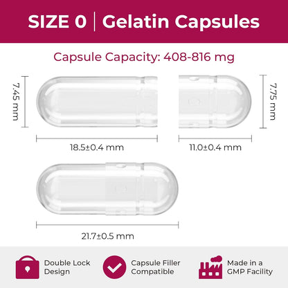 ATLEMISME Empty Gelatine Capsules Size 0 - Clear Empty Capsules 500 Count - Kosher and Halal Pure Gelatine Capsules - DIY Powder Filling