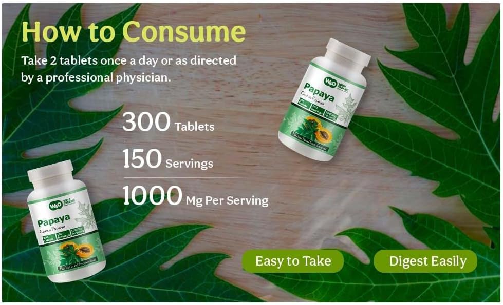 WAY 4 ORGANIC W4O Papaya Leaf Extract Tablets - 1000 mg, 300 Count (150 Servings) - Supports Digestion and Immunity - görsel 6