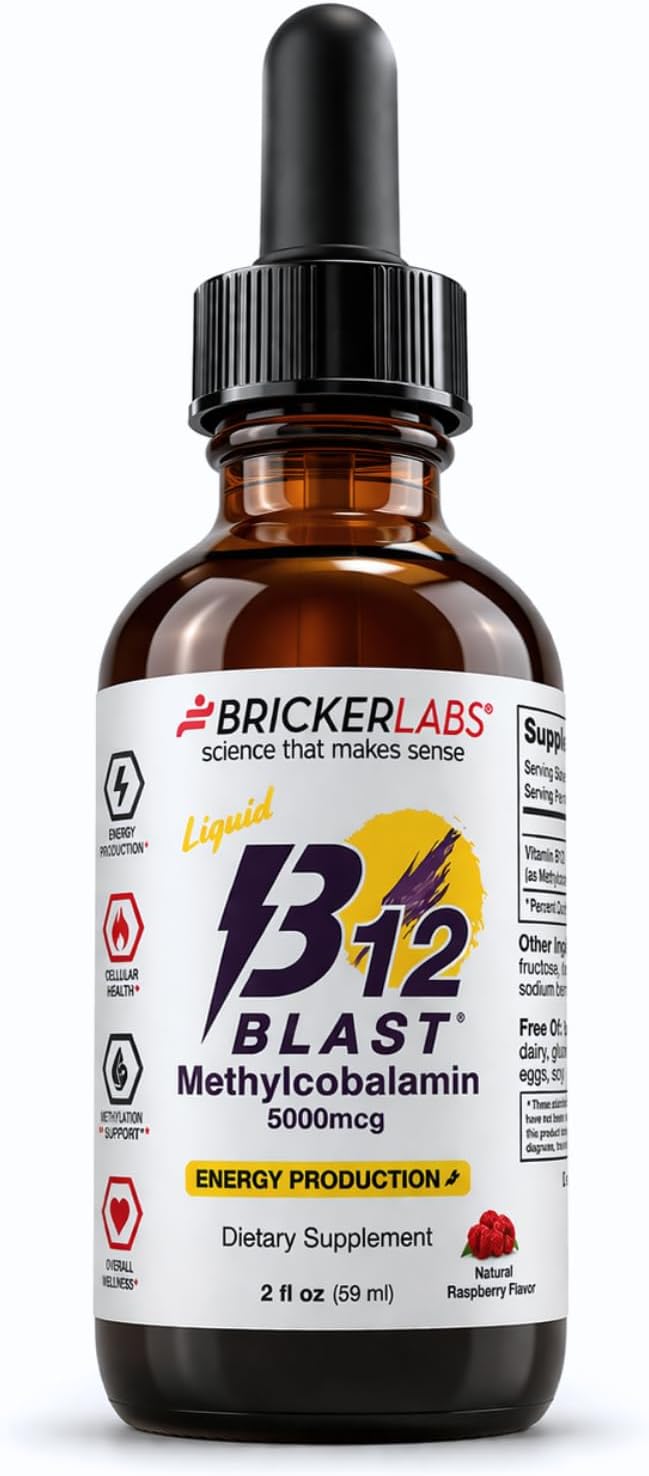 Bricker Labs B12 Blast Methylcobalamin 5000mcg Sublingual Liquid - Vegan B12 Energy Support - görsel 1
