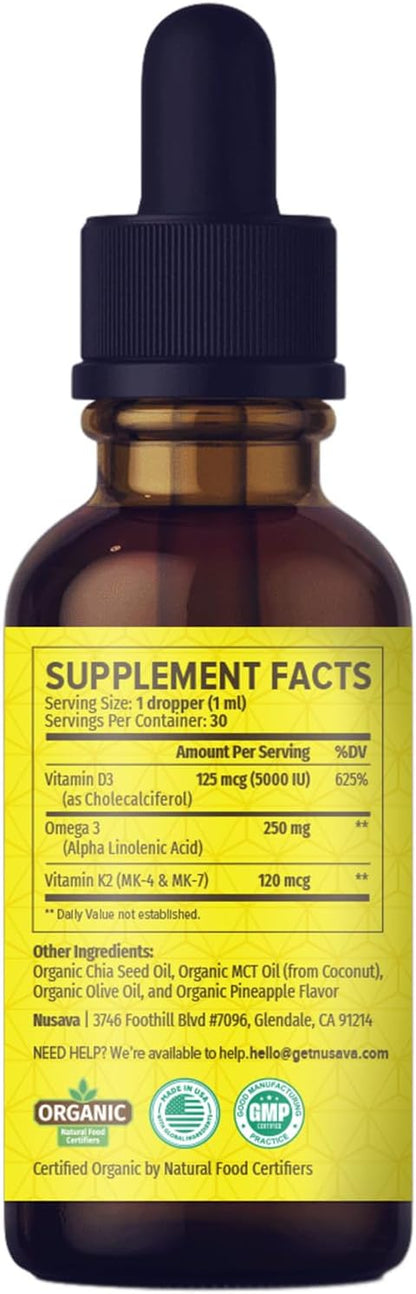(2 Pack) Organic Vitamin D3 K2 Drops with MCT Oil & Omega 3 - Liquid Vitamin D3 5000 IU - K2 D3 Vitamin Supplement - Vitamin D Drops for Women & Men - No Fillers, Non-GM, GMP, Pineapple (60 mL)