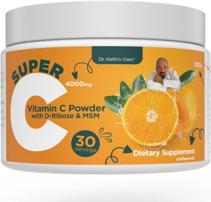 Dr. Keith's Own Super C - High Dose Powdered Vitamin C 4000mg with D-Ribose, Glycine, MSM - Unflavoured, 200 Grams (30 Servings)