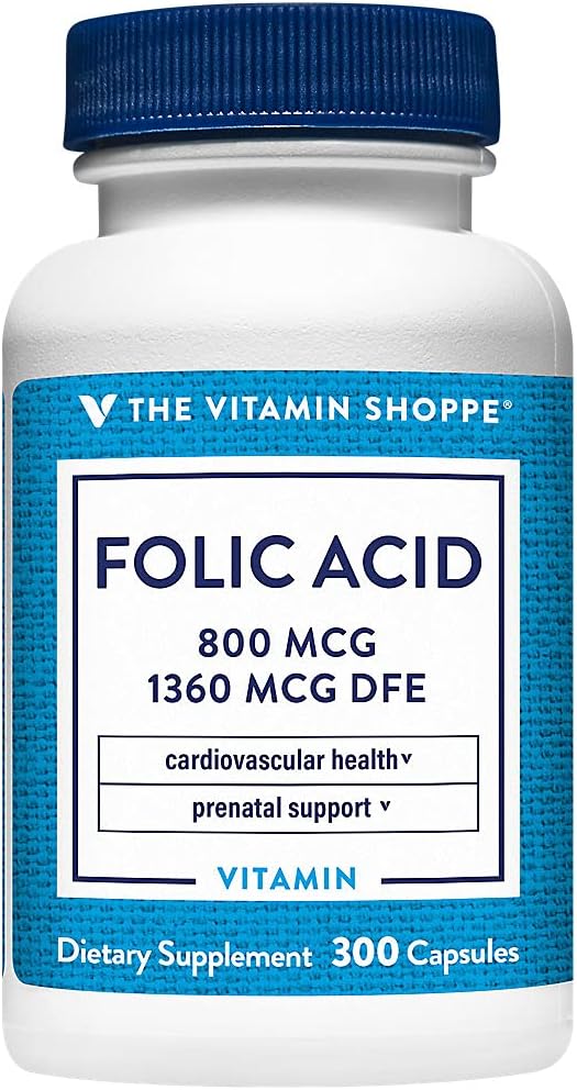 The Vitamin Shoppe Folic Acid 800 mcg, Prenatal Support – 300 Capsules – Image 1