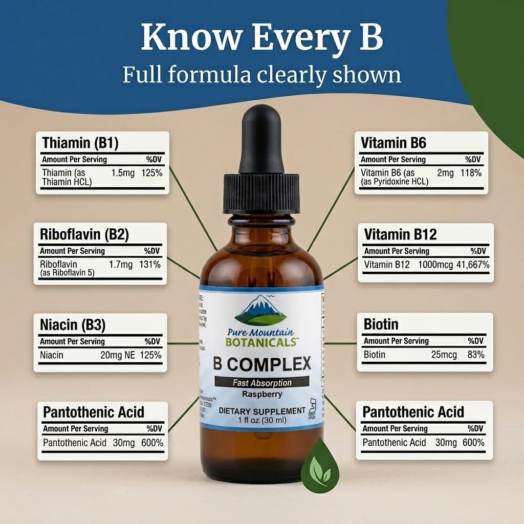 Pure Mountain Botanicals Liquid Vitamin B Complex - B12 B6 Drops - Raspberry Flavour - Kosher Non-GM - 30 Servings - görsel 4