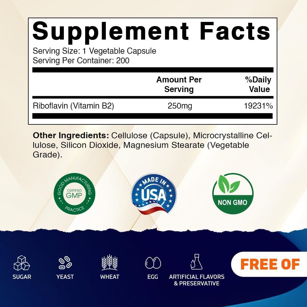 Vitamin B2 (Riboflavin) 250 mg, 200 Vegetarian Capsules - Supports Energy Metabolism, Nervous System Health, Skin & Eye Health, Antioxidant Support - Non GMO, Gluten free - görsel 2