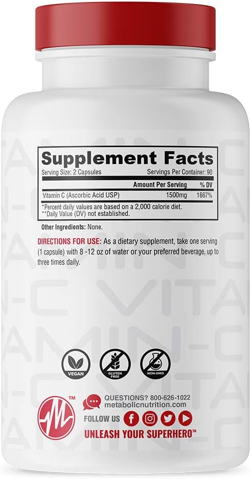 Metabolic Nutrition Vitamin C, 1500mg, Pure Pharma Grade, High Absorption Ascorbic Acid Capsules (90 Caps) - görsel 2