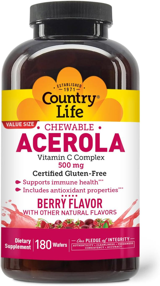 Country Life Acerola Vitamin C Complex - 500mg Chewable Berry Flavoured Wafers - Supports Immune Health - 180 Count – Image 1