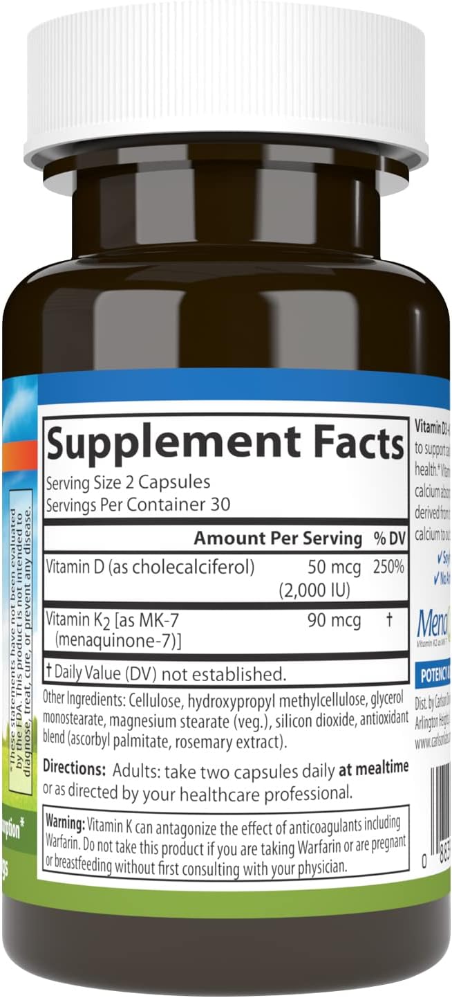 Carlson Vitamin D3 + K2, 2000 IU (50 mcg) with 90 mcg Vitamin K2 MK-7, 60 Capsules - görsel 2