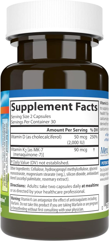 Carlson Vitamin D3 + K2, 2000 IU (50 mcg) with 90 mcg Vitamin K2 MK-7, 60 Capsules