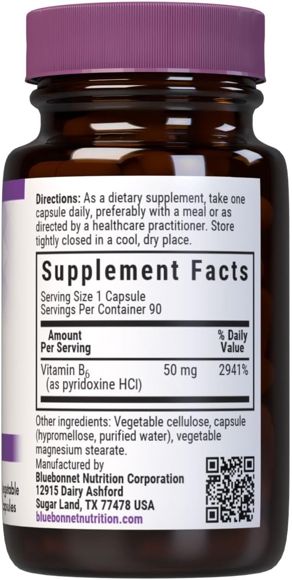 Bluebonnet Nutrition Vitamin B6 50mg - Vegan, Non-GMO, Gluten-Free Energy Support - 90 Capsules - görsel 2
