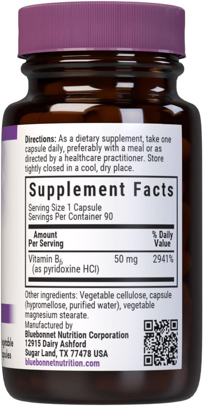 Bluebonnet Nutrition Vitamin B6 50mg - Vegan, Non-GMO, Gluten-Free Energy Support - 90 Capsules
