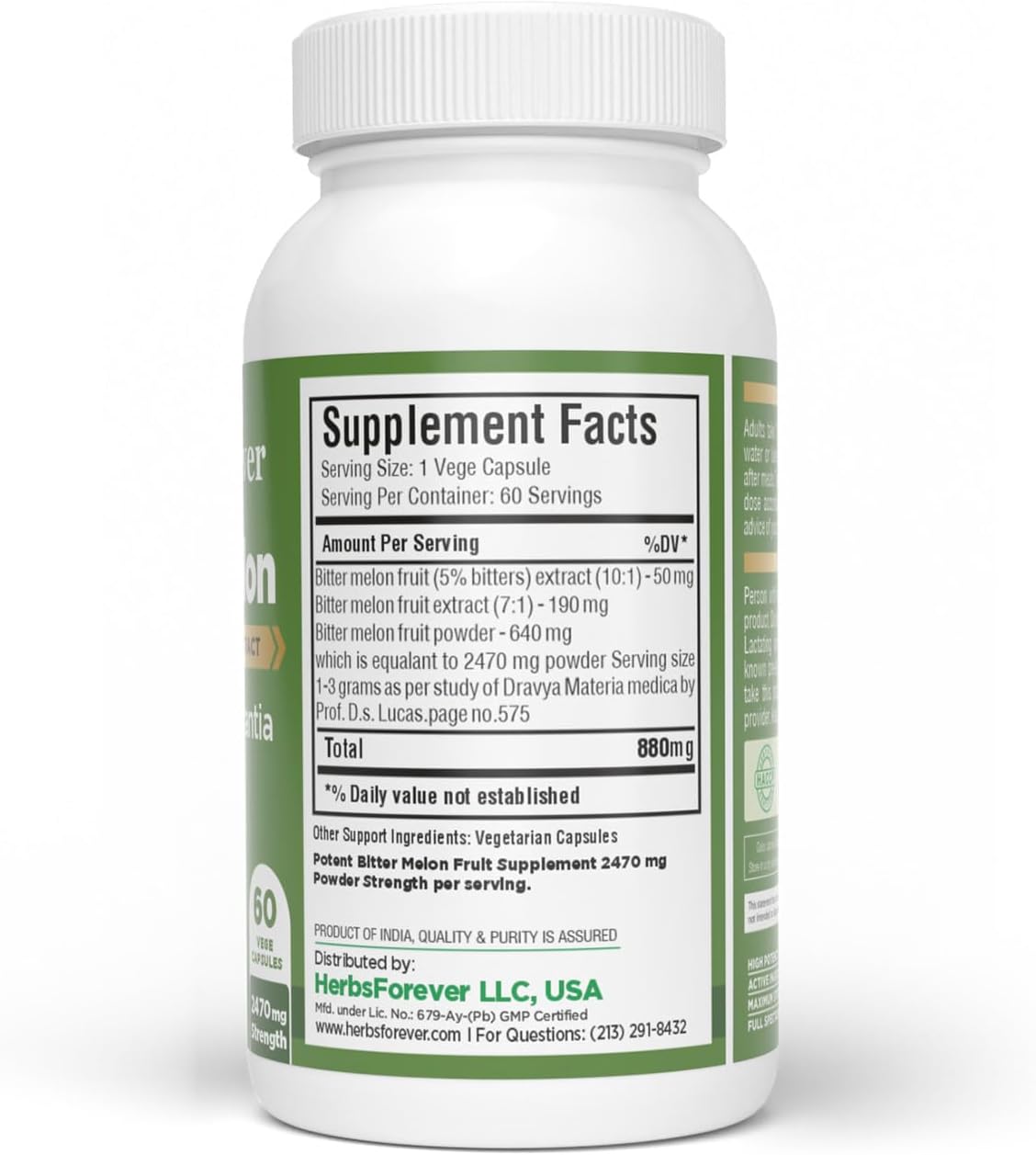 HerbsForever Bitter Melon Extra Strength (10:1) Extract – 880mg, 60 Veg Capsules - görsel 3