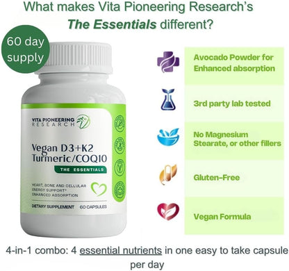 Vita Pioneering Research 5-in-1 Vitamin D3 2000IU + K2 MK-7 with Turmeric & CoQ10 - Enhanced Absorption with Avocado Powder