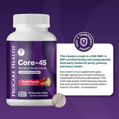 ProCare Health Bariatric Multivitamin with Iron 45mg Chewable - Fruit Punch Flavour (90 Tablets, 3-Month Supply)