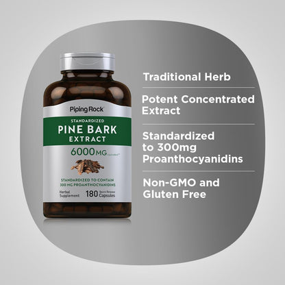 Piping Rock Pine Bark Extract Capsules | 180 Count | Standardised Herbal Supplement | Non-GM & Gluten free