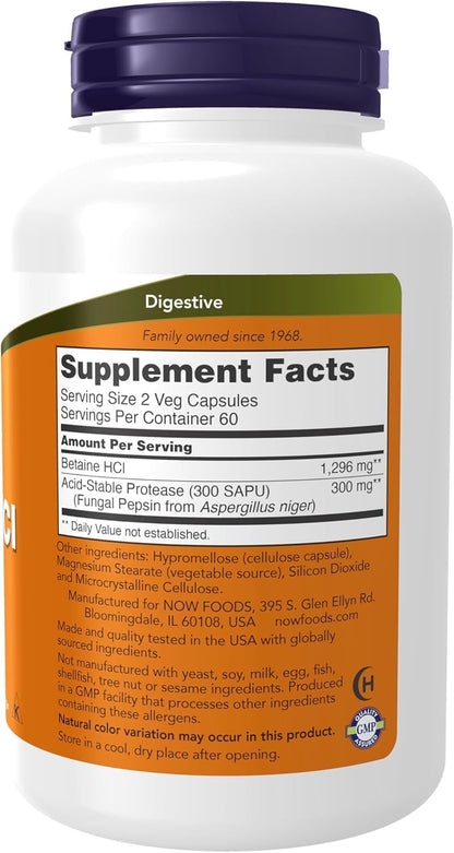 NOW Foods Betaine HCl, 120 Capsules