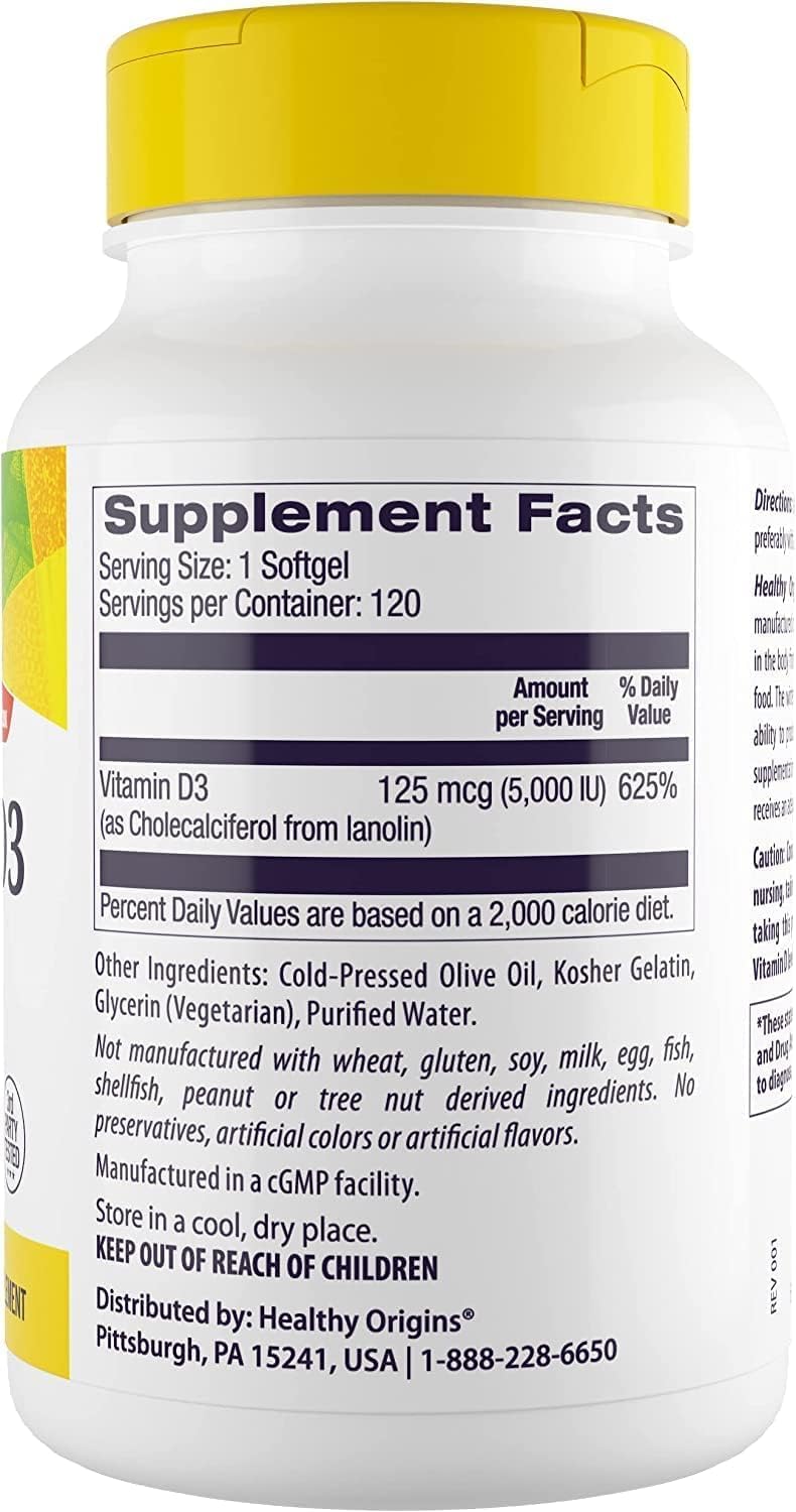 Healthy Origins Vitamin D3 5,000 IU - High Potency Softgels for Immune & Bone Support, Non-GMO, Gluten Free, 120 Count - görsel 2