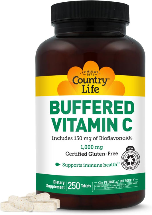 Country Life Buffered Vitamin C 1000mg with Bioflavonoids, Calcium, Magnesium, Potassium - Immune Support, Vegan, – Image 1