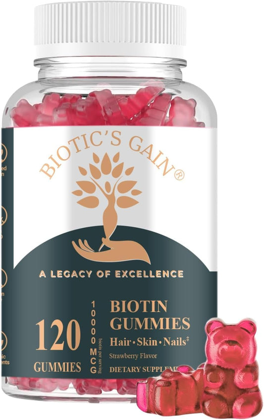Biotic's Gain Biotin Gummies, 10,000 mcg, Hair Skin and Nail Support, with Vitamins A C D E B6 B12 and Zinc, Vegan, – Image 1