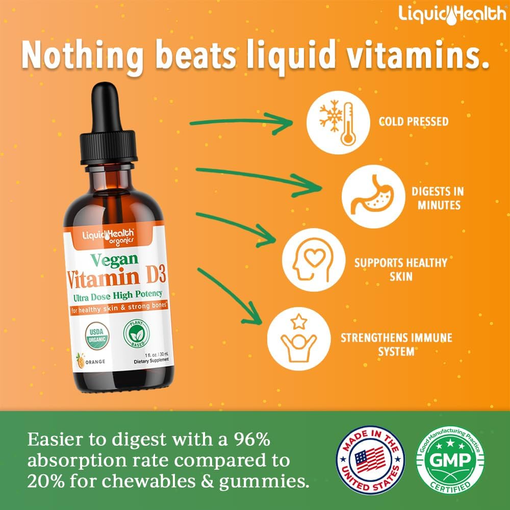 LIQUIDHEALTH Vitamin D3 4000 IU – USDA Certified Organic Vegan Liquid Drops for Immune, Bone & Mood Support (3 Pack) - görsel 2
