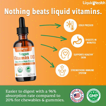 LIQUIDHEALTH Vitamin D3 4000 IU – USDA Certified Organic Vegan Liquid Drops for Immune, Bone & Mood Support (3 Pack)