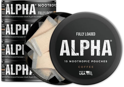 Fully Loaded Alpha Nootropic Pouches (Coffee) – 5 Tins, 75 Pouches – Image 1