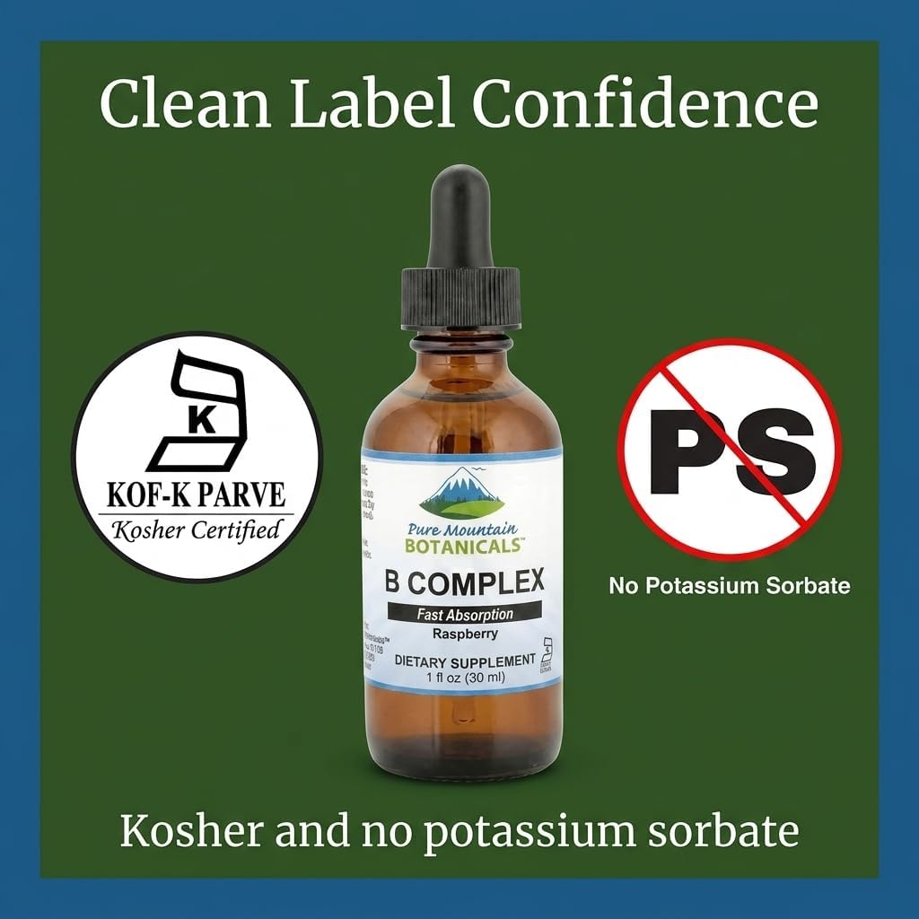 Pure Mountain Botanicals Liquid Vitamin B Complex - B12 B6 Drops - Raspberry Flavour - Kosher Non-GM - 30 Servings - görsel 6
