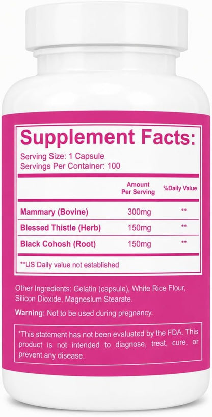 Super Strength Mammary Natural Breast Enhancement Formula – Bovine Mammary Glandular, 100 Capsules