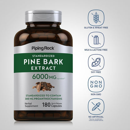 Piping Rock Pine Bark Extract Capsules | 180 Count | Standardised Herbal Supplement | Non-GM & Gluten free