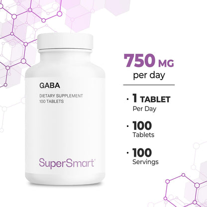 Supersmart - GABA 750mg per Day (High Strength) - Gamma-Amino Butyric Acid GABA Supplement | Non-GM & Gluten free - 100 Tablets