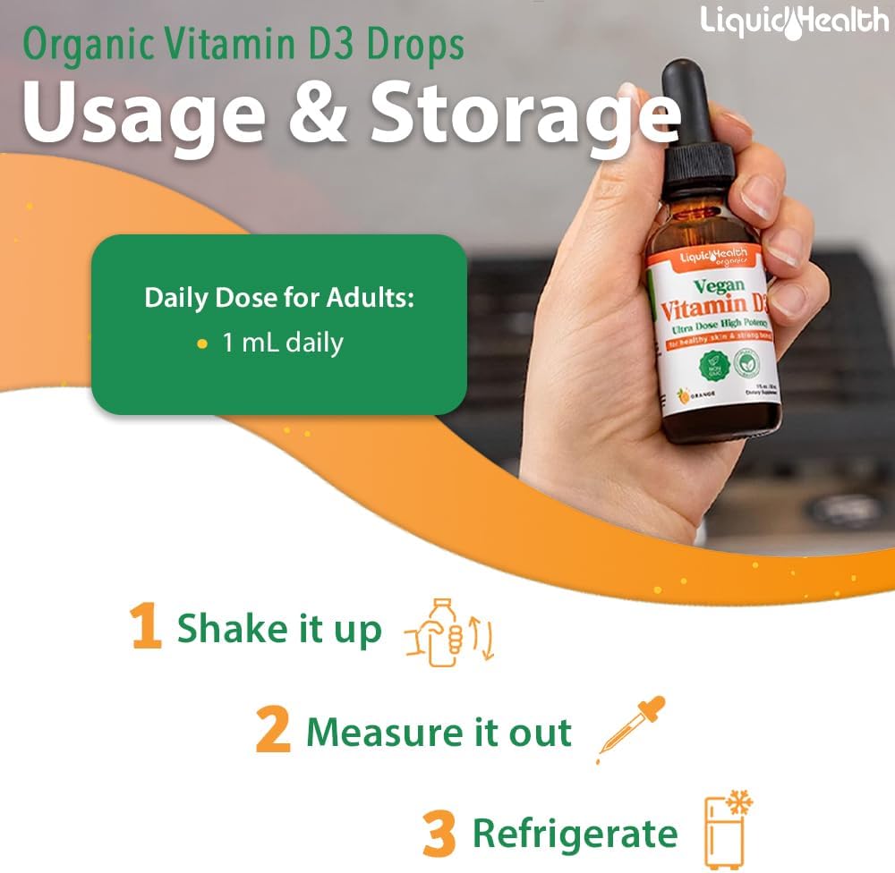 LIQUIDHEALTH Vitamin D3 4000 IU – USDA Certified Organic Vegan Liquid Drops for Immune, Bone & Mood Support (3 Pack) - görsel 4