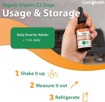 LIQUIDHEALTH Vitamin D3 4000 IU – USDA Certified Organic Vegan Liquid Drops for Immune, Bone & Mood Support (3 Pack)