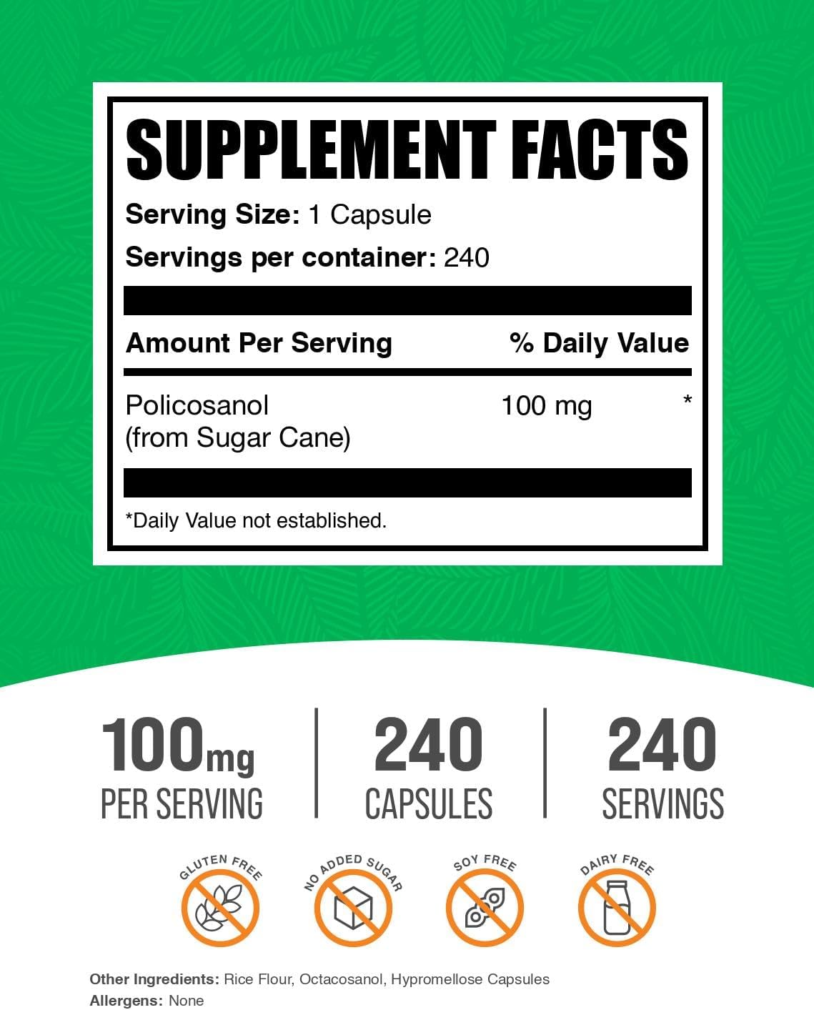 BulkSupplements Policosanol Capsules - from Sugar Cane, Policosanol 100mg - Gluten Free, 1 Capsule per Serving, 240 Capsules - görsel 2