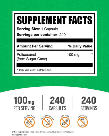 BulkSupplements Policosanol Capsules - from Sugar Cane, Policosanol 100mg - Gluten Free, 1 Capsule per Serving, 240 Capsules