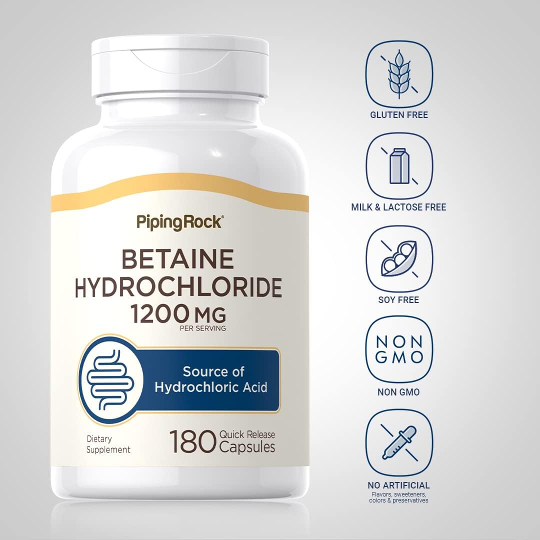 Piping Rock Betaine HCL Capsules, 1200 mg, 180 Quick Release Capsules - görsel 3