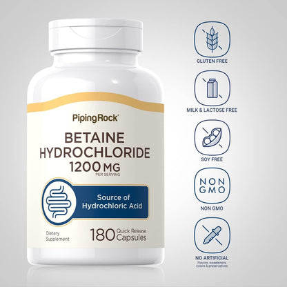 Piping Rock Betaine HCL Capsules, 1200 mg, 180 Quick Release Capsules